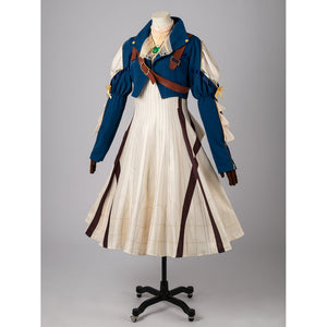 Violet Evergarden cosplay costume layers a blue cropped jacket over a cream pleated dress adorned with brown belt straps.