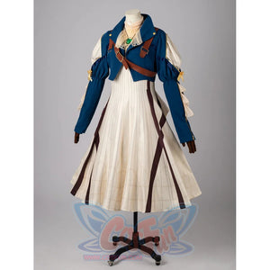 Violet Evergarden cosplay costume layers a blue cropped jacket over a cream pleated dress adorned with brown belt straps.