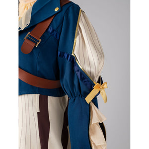 Violet Evergarden cosplay costume jacket pairs a brown shoulder strap and striped puff sleeves with delicate ribbons.