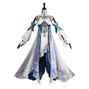 Genshin Impact Vodyanitsa cosplay costume front view with white, silver, pale blue and deep teal layers.