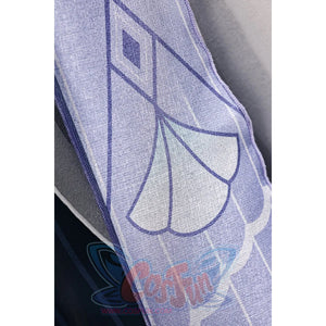 Vodyanitsa cosplay costume panel detail with translucent lavender fabric and a dark geometric motif.