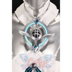 Vodyanitsa cosplay costume neck ornament detail with silver-tone framing, teal rings and blue gem-like accents.