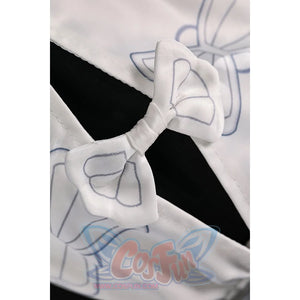 Vodyanitsa cosplay costume sleeve detail with a small white bow and gray printed outlines.