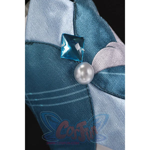 Vodyanitsa cosplay costume bow close-up with teal and pale blue layers, a blue square accent and pearl-like bead.
