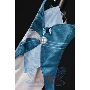 Vodyanitsa cosplay costume bow detail with layered teal fabric, pale blue ribbon and a square gem-like accent.