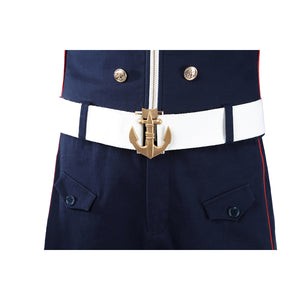 The Boys Torpedo cosplay belt front detail anchors the white belt below the zippered jacket.