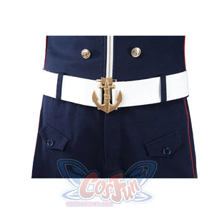 The Boys Torpedo cosplay belt front detail anchors the white belt below the zippered jacket.