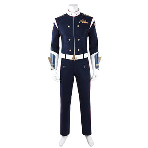 COSFUN The Boys Torpedo cosplay costume front view sets a navy uniform jacket over straight pants and white belt.