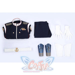 The Boys Torpedo cosplay costume set flat lay gathers the navy uniform pieces and white accessories.