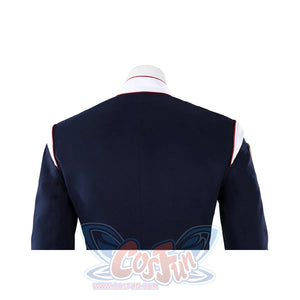 The Boys Torpedo cosplay jacket back detail keeps a plain navy panel under the white collar.