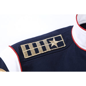 The Boys Torpedo cosplay shoulder rank detail layers gold-tone embroidery over navy fabric.