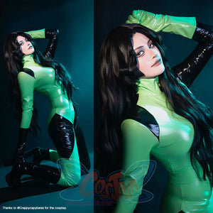 Kim Possible Shego cosplay bodysuit balances black thigh panels against a green elbow-length glove.
