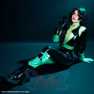 Kim Possible Shego cosplay costume layers a shiny long-sleeved suit over matching gloves and boots.