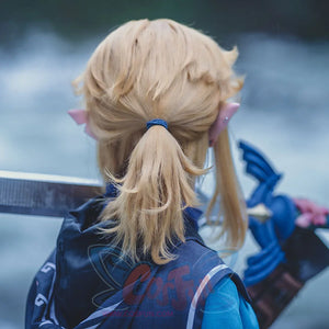 The Legend of Zelda Tears of the Kingdom Link cosplay wig anchors a blue-tied ponytail.
