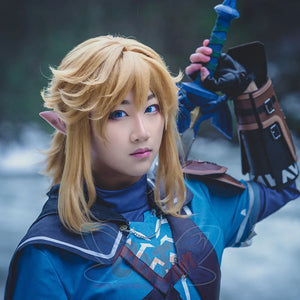 The Legend of Zelda Tears of the Kingdom Link cosplay wig frames blonde hair in a detailed costume view.