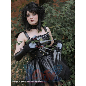 HORROR BISHOUJO Edward Scissorhands cosplay gauntlets frame gathered black bodice dress with silver blade and metal accents.