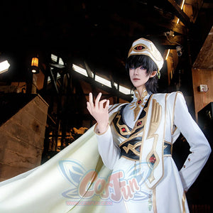 Anime Lelouch cosplay ceremonial jacket pairs ornate gold embroidery against a structured white cape.