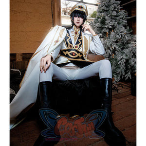 Anime Lelouch cosplay emperor costume balances a peaked cap and long cape over black tall boots.