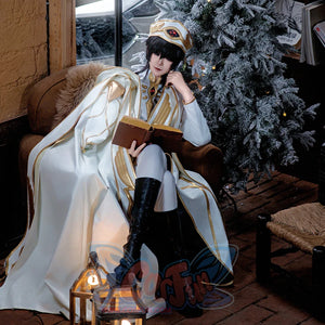 Anime Lelouch cosplay robe sets wide gold-trimmed sleeves against a decorated white vest and cape.