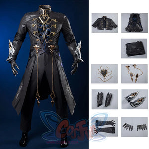 Genshin Impact Il Capitano cosplay separates trace dark grey overcoat paired with patterned vest and chain accessories.