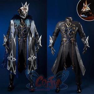 Genshin Impact Il Capitano cosplay multi-layer costume anchors blue fur-trimmed vest beneath grey coat and chest chains.