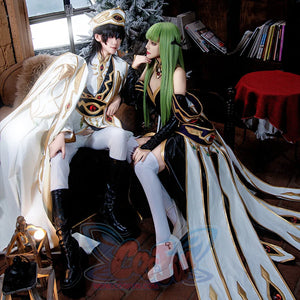 Anime Lelouch cosplay full set pairs white gold tailcoats against a formal dress and platform heels.