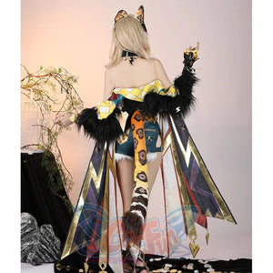 Genshin Impact Xilonen cosplay jacket pairs a gold plaid off-shoulder top with a graphic cape trimmed in black fur.