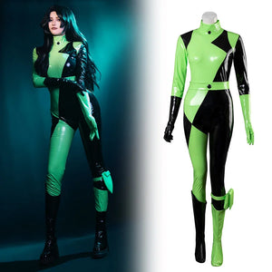 COSFUN Kim Possible Shego cosplay jumpsuit pairs green and black panels with belt and side pouch.