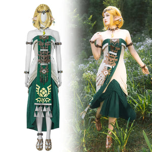 COSFUN The Legend of Zelda Tears of the Kingdom Princess Zelda cosplay gown layers green linen over beige skirt.