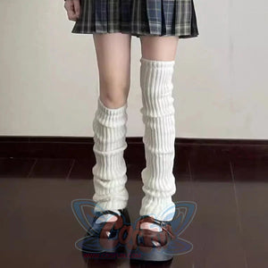 Extra long white scrunched ribbed leg warmers 70cm length with plaid skirt and brown platform shoes