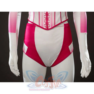 Peacemaker Jaina Hudson White Rabbit cosplay costume centers red brief panels beneath the white corset.