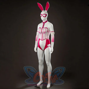 Peacemaker Jaina Hudson White Rabbit cosplay costume sets the pink-laced bodice over white and red briefs.
