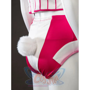 Peacemaker Jaina Hudson White Rabbit cosplay costume frames the fluffy tail beside red hip panels.