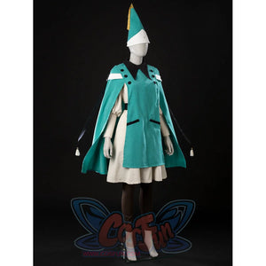 Witch Hat Atelier Coco Tetia Richeh cosplay costume angled front view drapes a teal cloak around the cream robe.