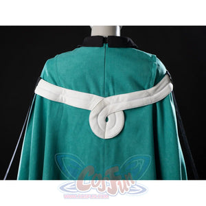 Witch Hat Atelier Coco Tetia Richeh cosplay cloak back detail fastens a white shoulder band over teal panels.