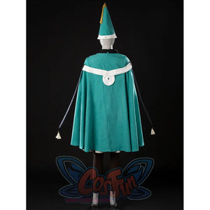Witch Hat Atelier Coco Tetia Richeh cosplay costume back view spreads the teal cloak below a white shoulder band.
