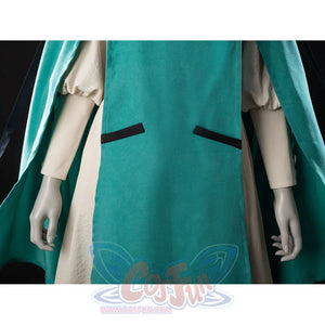 Witch Hat Atelier Coco Tetia Richeh cosplay cloak front detail drops teal fabric beside cream sleeves.
