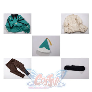 Witch Hat Atelier Coco Tetia Richeh cosplay costume flat lay groups the teal cloak around robe, hat, leggings, and sash.