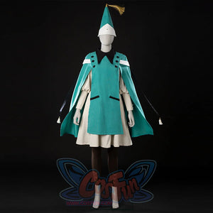 COSFUN Witch Hat Atelier Coco Tetia Richeh cosplay costume front view layers a teal cloak over a cream robe.