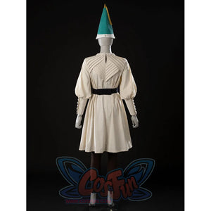Witch Hat Atelier Coco Tetia Richeh cosplay robe back view gathers cream fabric beneath the black waist sash.