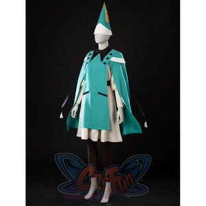 Witch Hat Atelier Coco Tetia Richeh cosplay costume three-quarter view frames the pointed hat above a teal cloak.