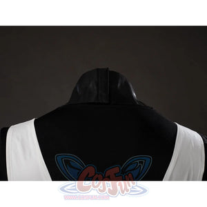 Witch Hat Atelier Qifrey cosplay collar back detail shows black quilted texture above the robe neckline.