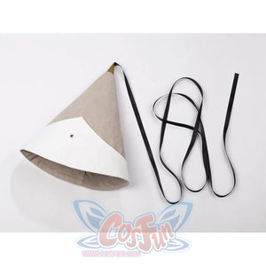 Witch Hat Atelier Qifrey cosplay hat flat lay arranges the pointed hat with black ties and glasses.