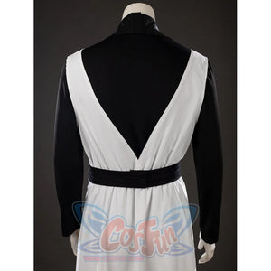 Witch Hat Atelier Qifrey cosplay robe back detail narrows white panels into a V above the black sash.