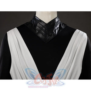Witch Hat Atelier Qifrey cosplay robe neckline detail crosses white panels beneath the black collar.