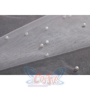 Wuthering Waves Aemeath cosplay beaded mesh detail scatters pearl-like beads across sheer white fabric.