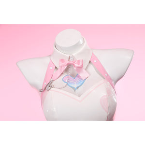 Wuthering Waves Aemeath cosplay bodice neckline detail centers the pink bow tie above a heart patch and chain.
