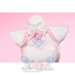 Wuthering Waves Aemeath cosplay bodice neckline detail centers the pink bow tie above a heart patch and chain.