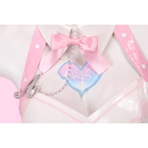 Wuthering Waves Aemeath cosplay bow brooch detail anchors the heart patch below glossy pink straps and silver-tone chain.