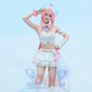 Wuthering Waves Aemeath cosplay costume front view sets a white halter top above a ruffled skirt and pink belt.